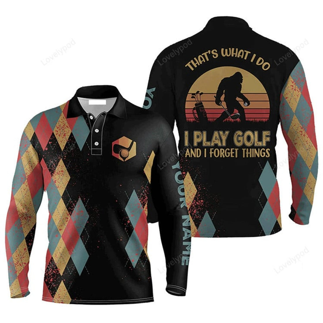 FUNSTUFFPRINT Custom Golf Long Sleeve Men Polo Shirt Bigfoot Golf Custom Name Thats What I Do Play Golf Forget