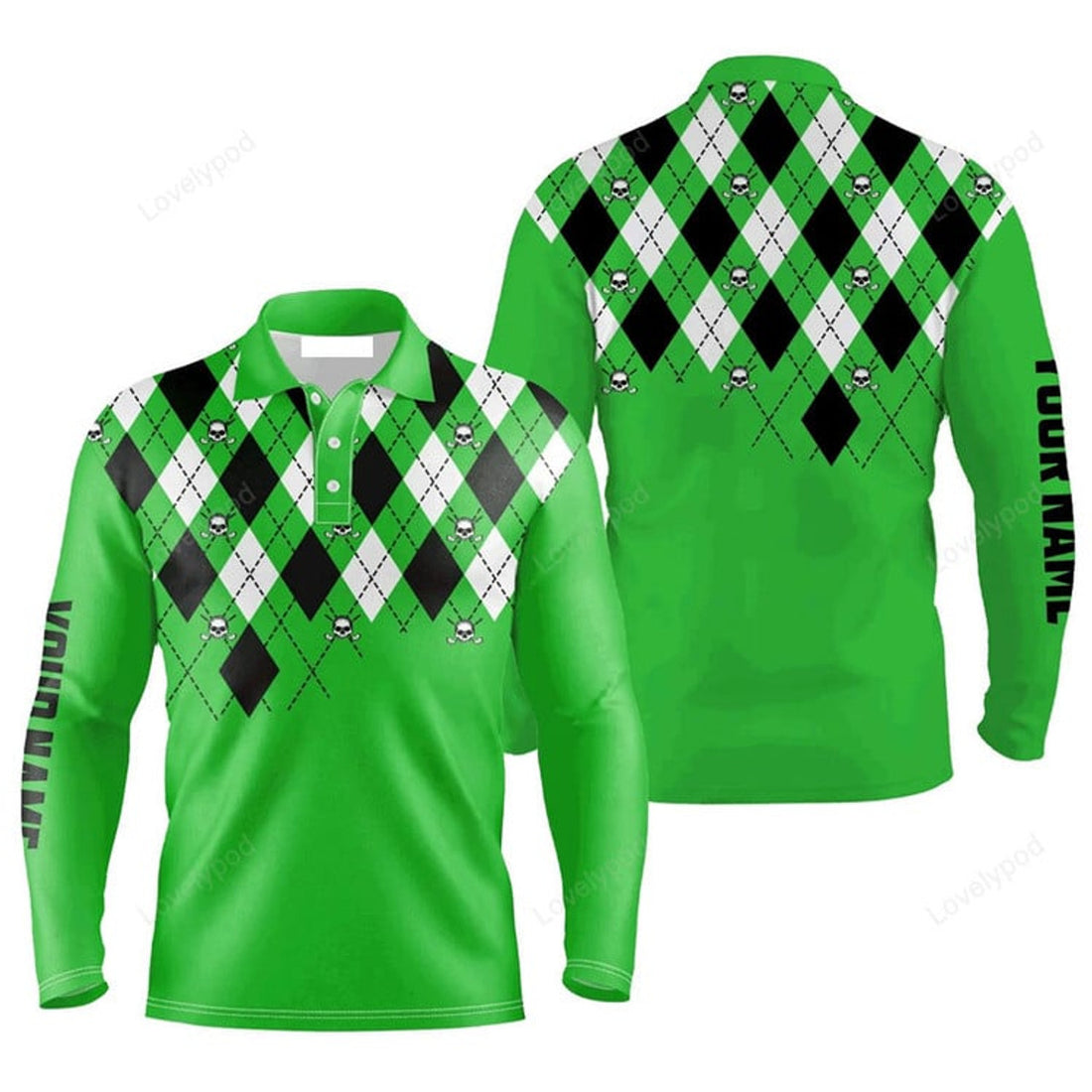 FUNSTUFFPRINT Custom Golf Long Sleeve Men Polo Shirt Custom Name Green Argyle Plaid Golf Skull Pattern Apparel Men Polo Shirt