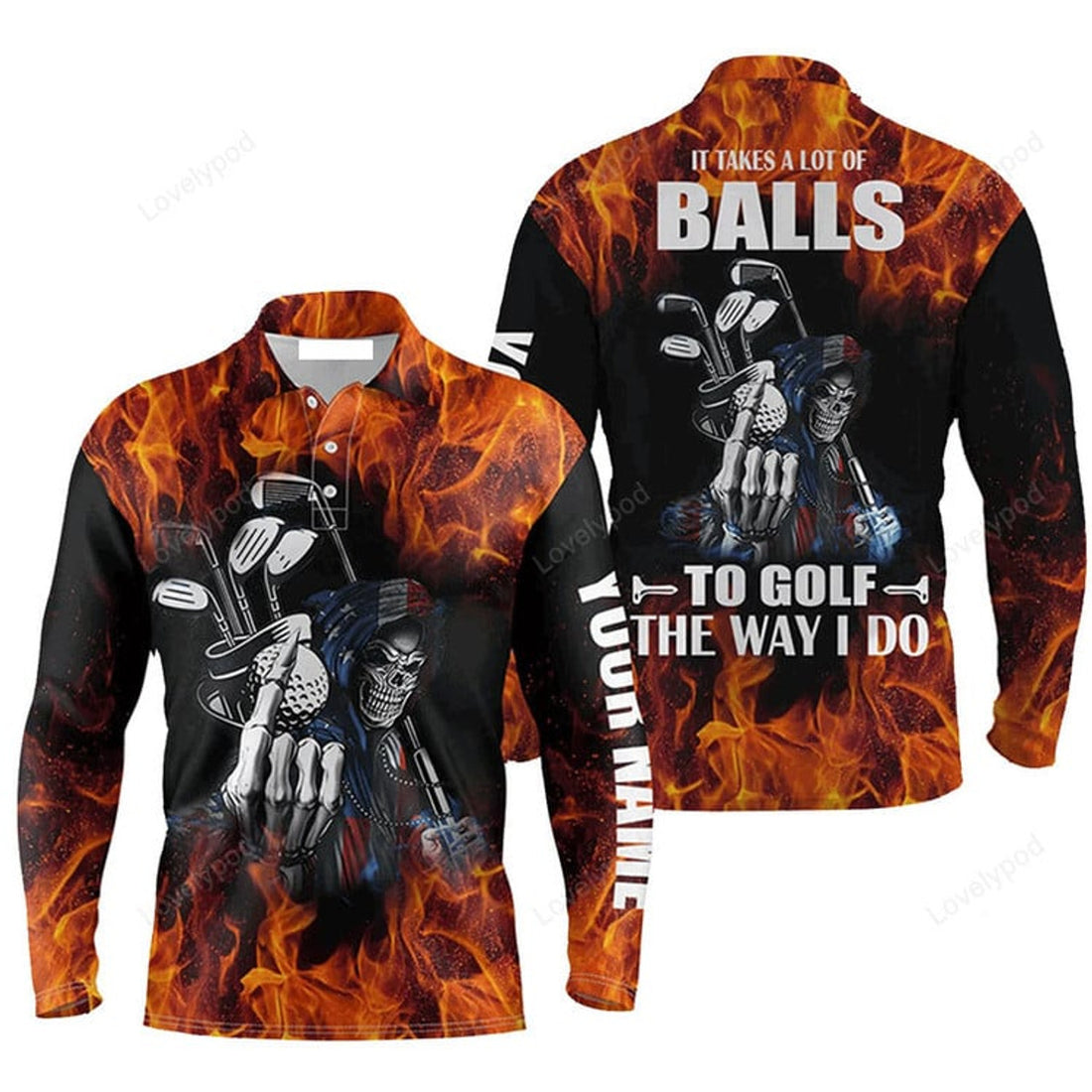 FUNSTUFFPRINT Custom Golf Long Sleeve Men Polo Shirt Flame Skull Apparel It Takes A Lot Of Balls To Golf The Way I Do Men Golf Polo Shirt