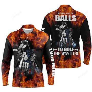 FUNSTUFFPRINT Custom Golf Long Sleeve Men Polo Shirt Flame Skull Apparel It Takes A Lot Of Balls To Golf The Way I Do Men Golf Polo Shirt