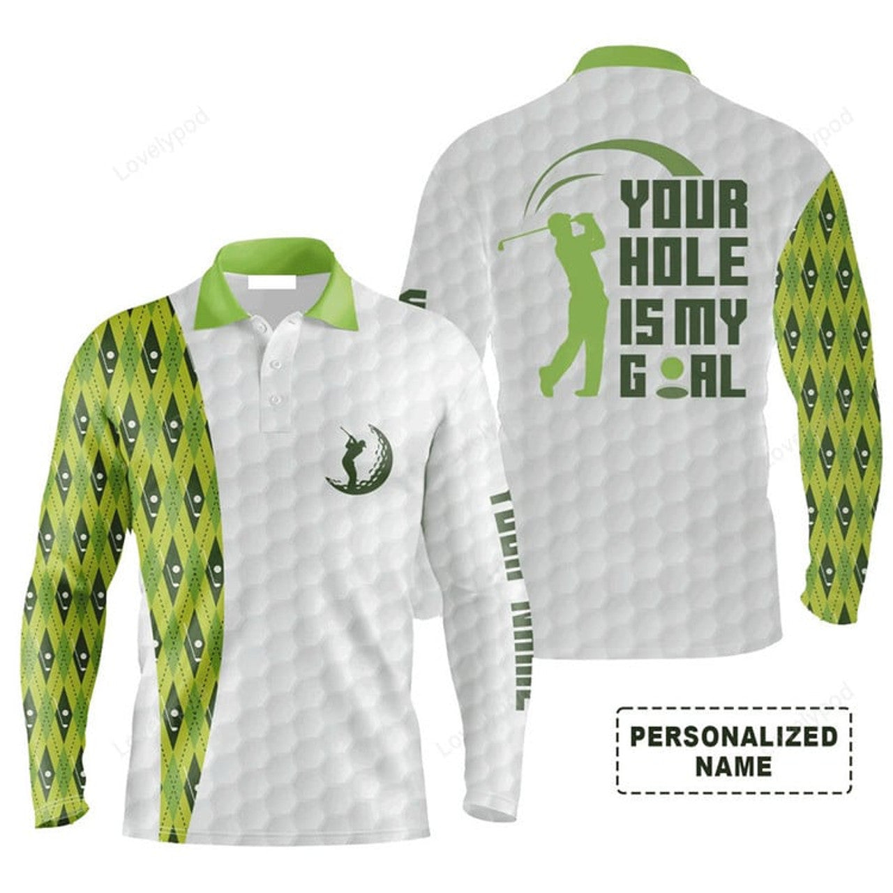 FUNSTUFFPRINT Custom Golf Long Sleeve Men Polo Shirt Your Hole Is My Goal Green Argyle Pattern Polo Shirt White And Green Golf Shirt