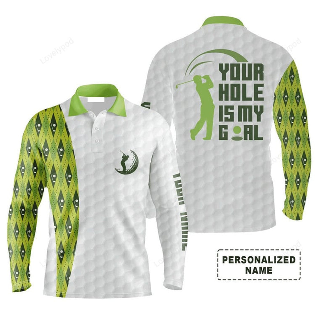 FUNSTUFFPRINT Custom Golf Long Sleeve Men Polo Shirt Your Hole Is My Goal Green Argyle Pattern Polo Shirt White And Green Golf Shirt