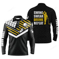 FUNSTUFFPRINT Custom Golf Long Sleeve Men Polo Shirt Custom Name Black American Flag Swing Swear Drink Repeat