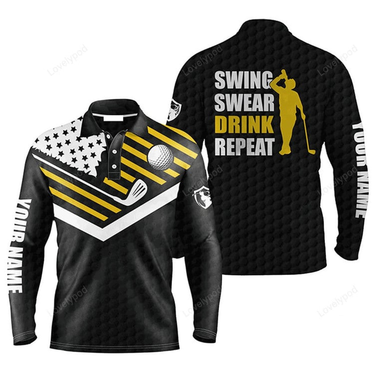 FUNSTUFFPRINT Custom Golf Long Sleeve Men Polo Shirt Custom Name Black American Flag Swing Swear Drink Repeat