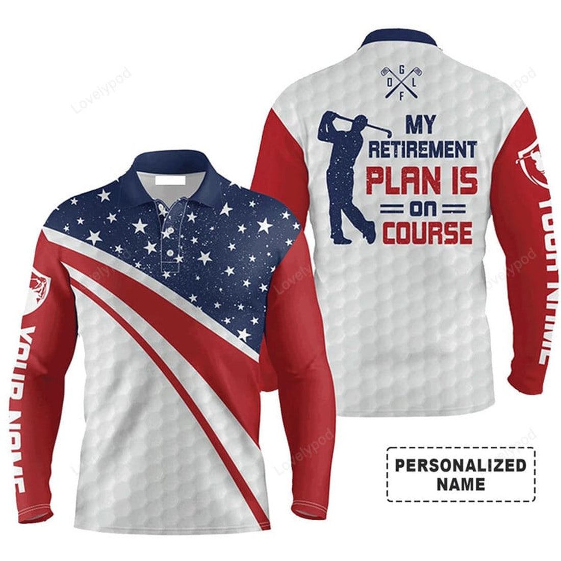 FUNSTUFFPRINT Custom Golf Long Sleeve Men Polo Shirt Custom Name American Flag Apparel My Retirement Plan Is On Course