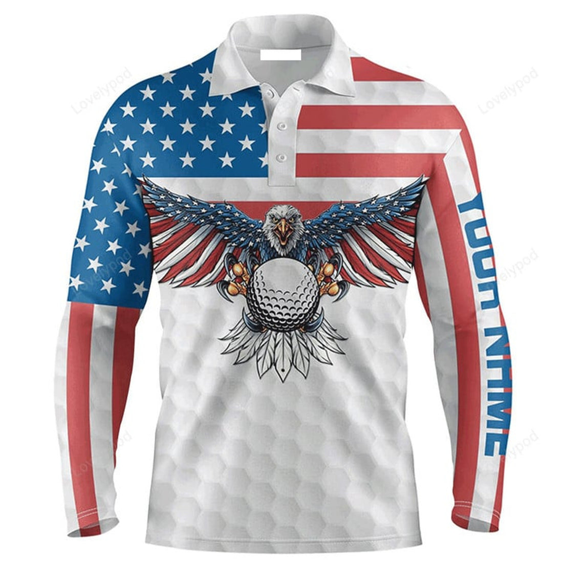 FUNSTUFFPRINT Custom Golf Long Sleeve Men Polo Shirt Custom Name American Flag Eagle Golf Ball Apparel Polo Shirt