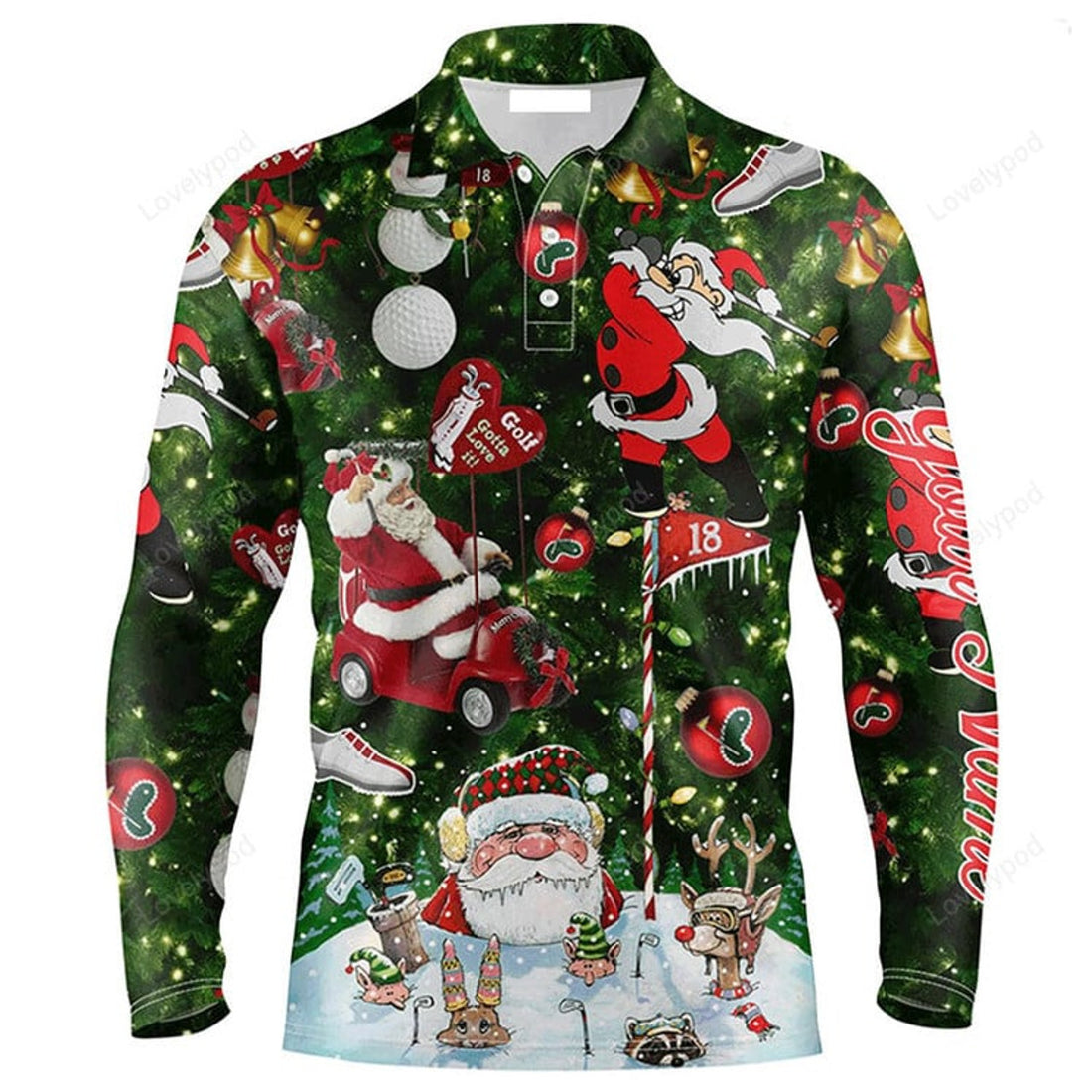 FUNSTUFFPRINT Custom Golf Long Sleeve Men Polo Shirt Funny Christmas Golf Custom Name Santa Golfer Christmas Gifts