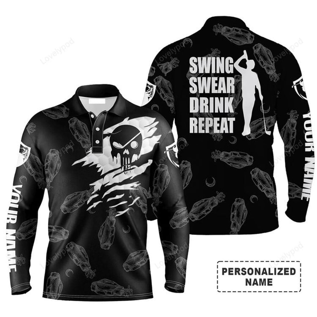 FUNSTUFFPRINT Custom Golf Long Sleeve Men Polo Shirt Swing Swear Drink Repeat Custom Name Black Golf Polo Shirt