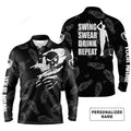 FUNSTUFFPRINT Custom Golf Long Sleeve Men Polo Shirt Swing Swear Drink Repeat Custom Name Black Golf Polo Shirt