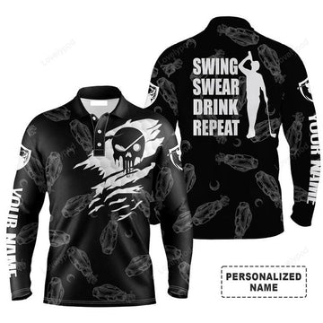 FUNSTUFFPRINT Custom Golf Long Sleeve Men Polo Shirt Swing Swear Drink Repeat Custom Name Black Golf Polo Shirt