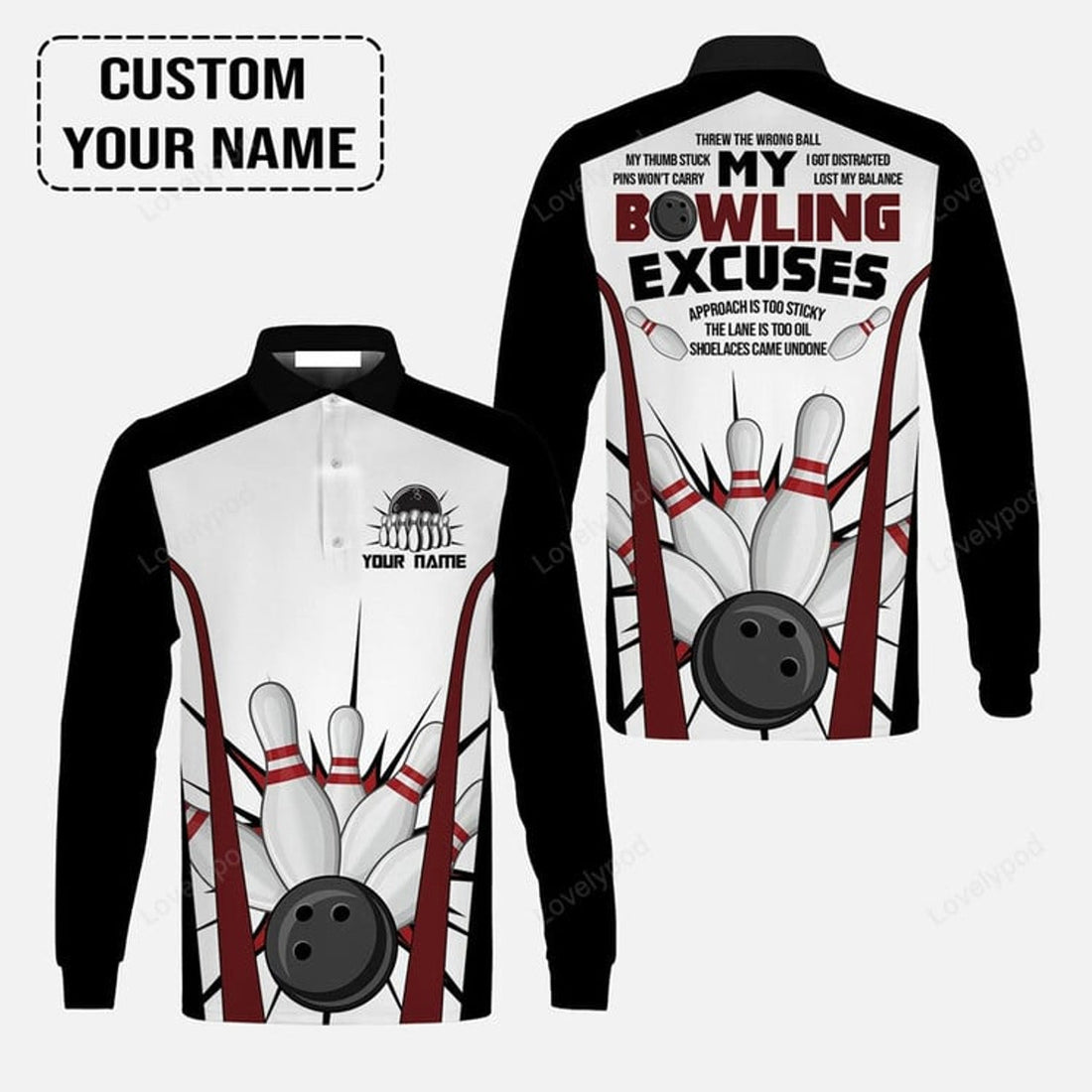 FUNSTUFFPRINT Bowling Custom Long Sleeve Men Polo Shirt Custom Name Funny Mens Polo Bowling Personalized Bowling Polo Shirt
