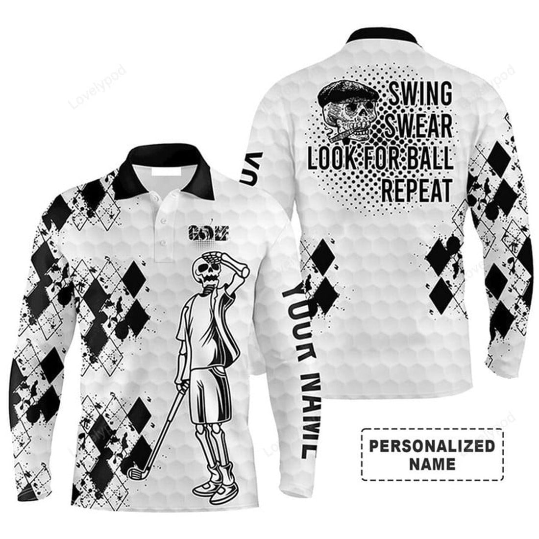 FUNSTUFFPRINT Custom Name Black White Golf Skull Apparel Swing Swear Look For Ball Repeat Men Polo Shirt Golf Long Sleeve Polo Shirt