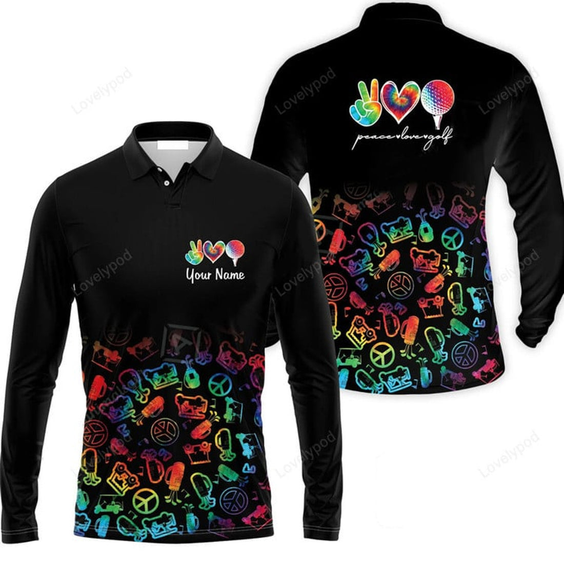 FUNSTUFFPRINT Golf Long Sleeve Men Polo Shirt Custom Name Watercolor Peace Love Golf Golf Icon Personalized Polo Shirt
