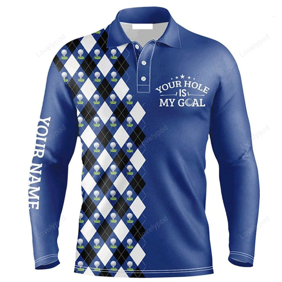 FUNSTUFFPRINT Custom Golf Long Sleeve Men Polo Shirt Blue Argyle Pattern Your Hole Is My Goal Golf Polo Shirt