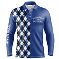 FUNSTUFFPRINT Custom Golf Long Sleeve Men Polo Shirt Blue Argyle Pattern Your Hole Is My Goal Golf Polo Shirt