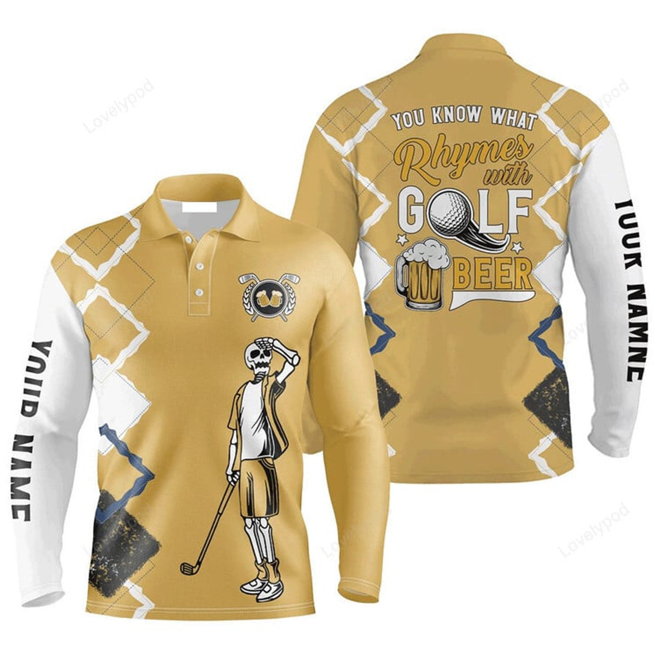 FUNSTUFFPRINT Custom Golf Long Sleeve Men Polo Shirt Funny Skeleton Argyle Pattern You Know What Rhymes With Golf Beer Men Polo Shirts