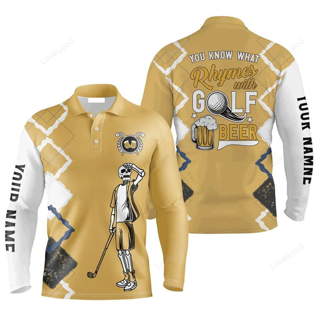 FUNSTUFFPRINT Custom Golf Long Sleeve Men Polo Shirt Funny Skeleton Argyle Pattern You Know What Rhymes With Golf Beer Men Polo Shirts