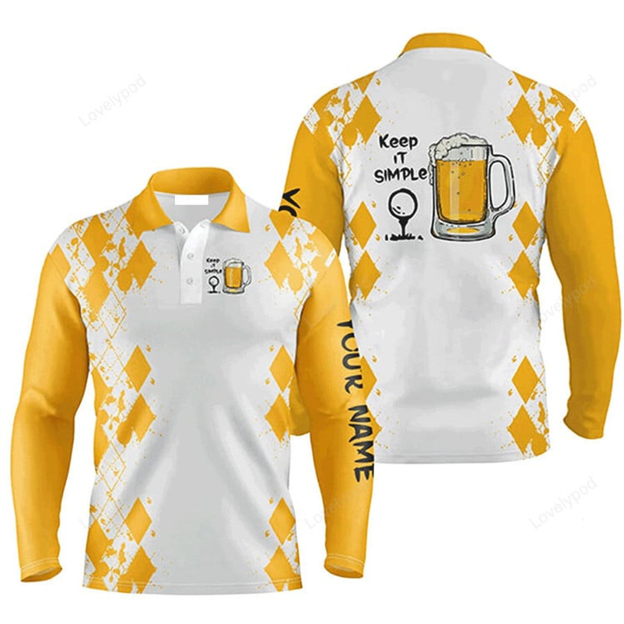 FUNSTUFFPRINT Custom Golf Long Sleeve Men Polo Shirt Custom Name White Yellow Argyle Pattern Apparel Keep It Simple Golf Polo Shirt