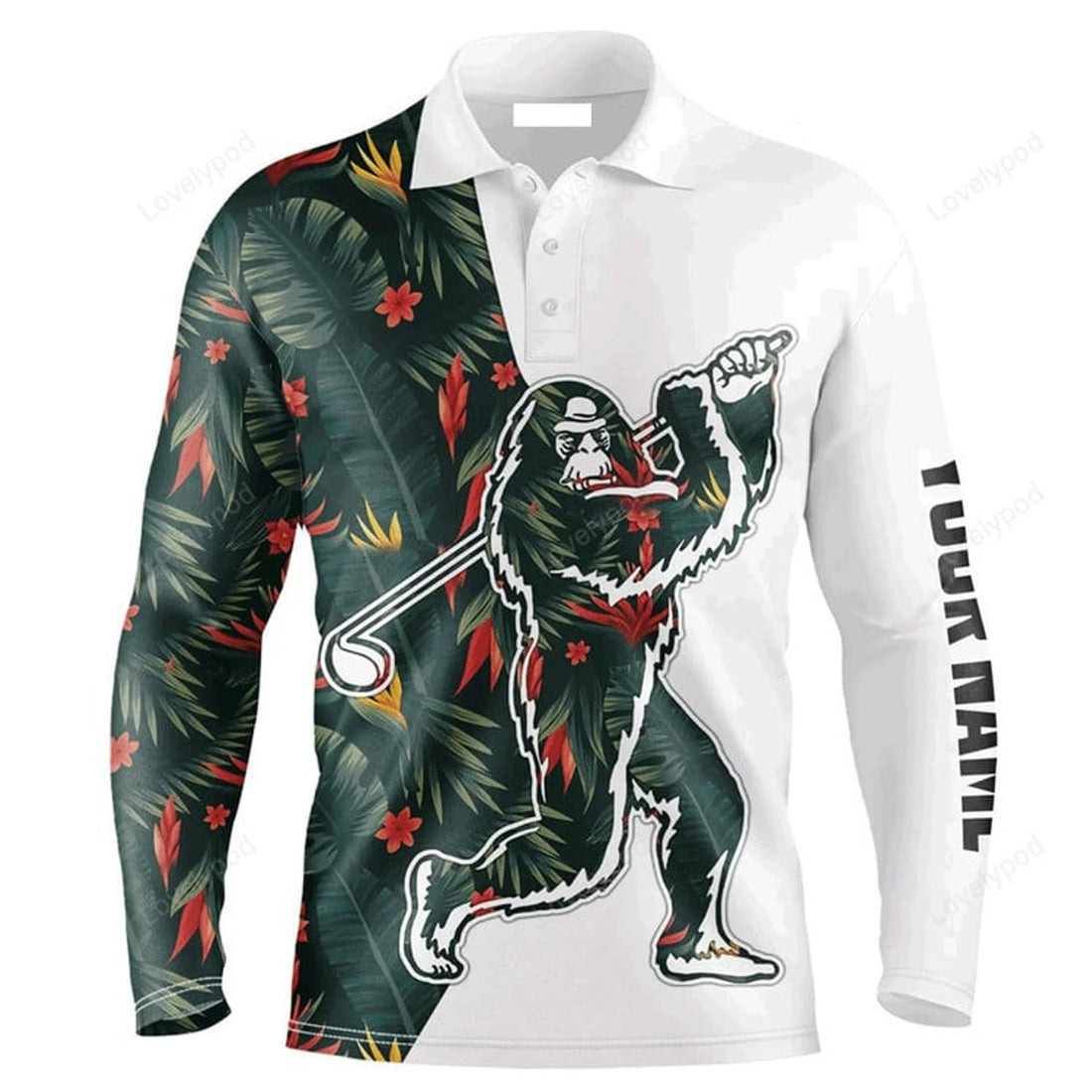 FUNSTUFFPRINT Custom Golf Long Sleeve Men Polo Shirt Bigfoot Golf Custom Name Funny Tropical Flowers Pattern Polo Shirt For Men