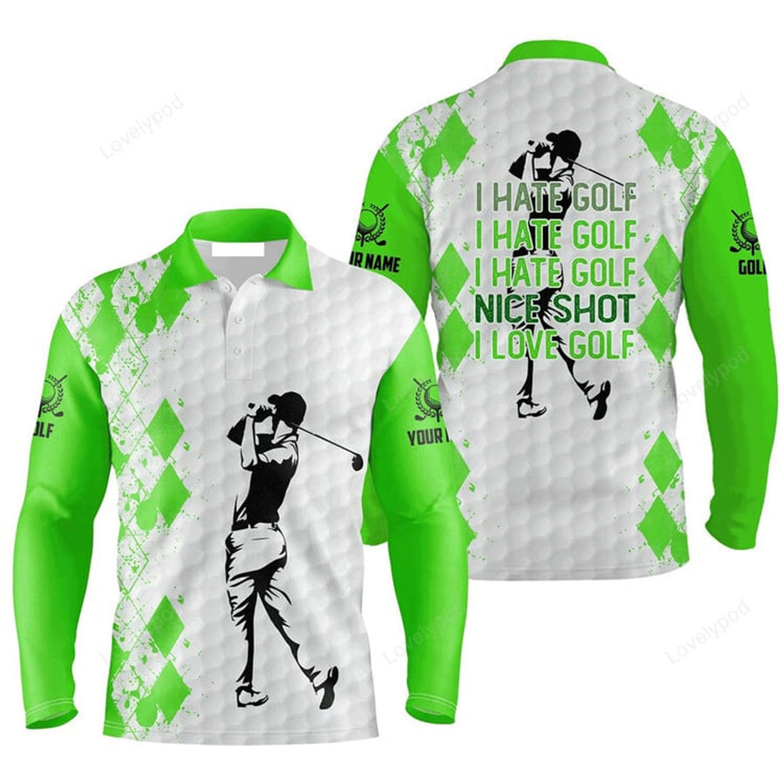 FUNSTUFFPRINT Custom Golf Long Sleeve Men Polo Shirt Green White Apparel I Hate Golf Nice Shot I Love Golf
