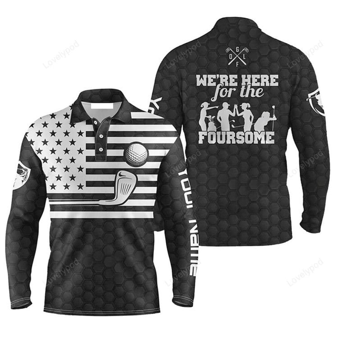 FUNSTUFFPRINT Custom Golf Long Sleeve Men Polo Shirt Custom Name American Flag Black White Apparel Men Golf Polo Shirt