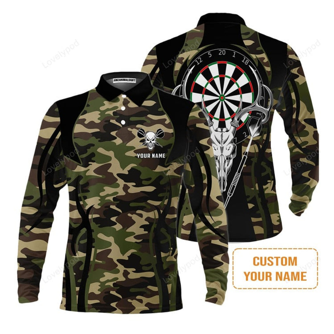 FUNSTUFFPRINT Darts Custom Name Mens Long Sleeve Polo Shirt Camo Skull Deer Dartboard Personalized Long Sleeve Polo Shirt