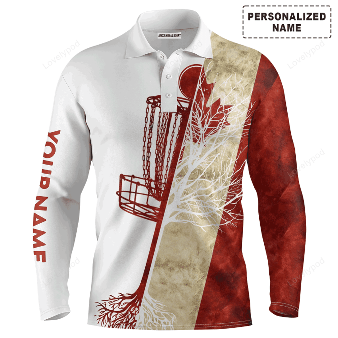 FUNSTUFFPRINT Custom Disc Golf Long Sleeve Men Polo Shirt Custom Name Canada Flag Disc Golf Basket Apparel Men Polo Shirt