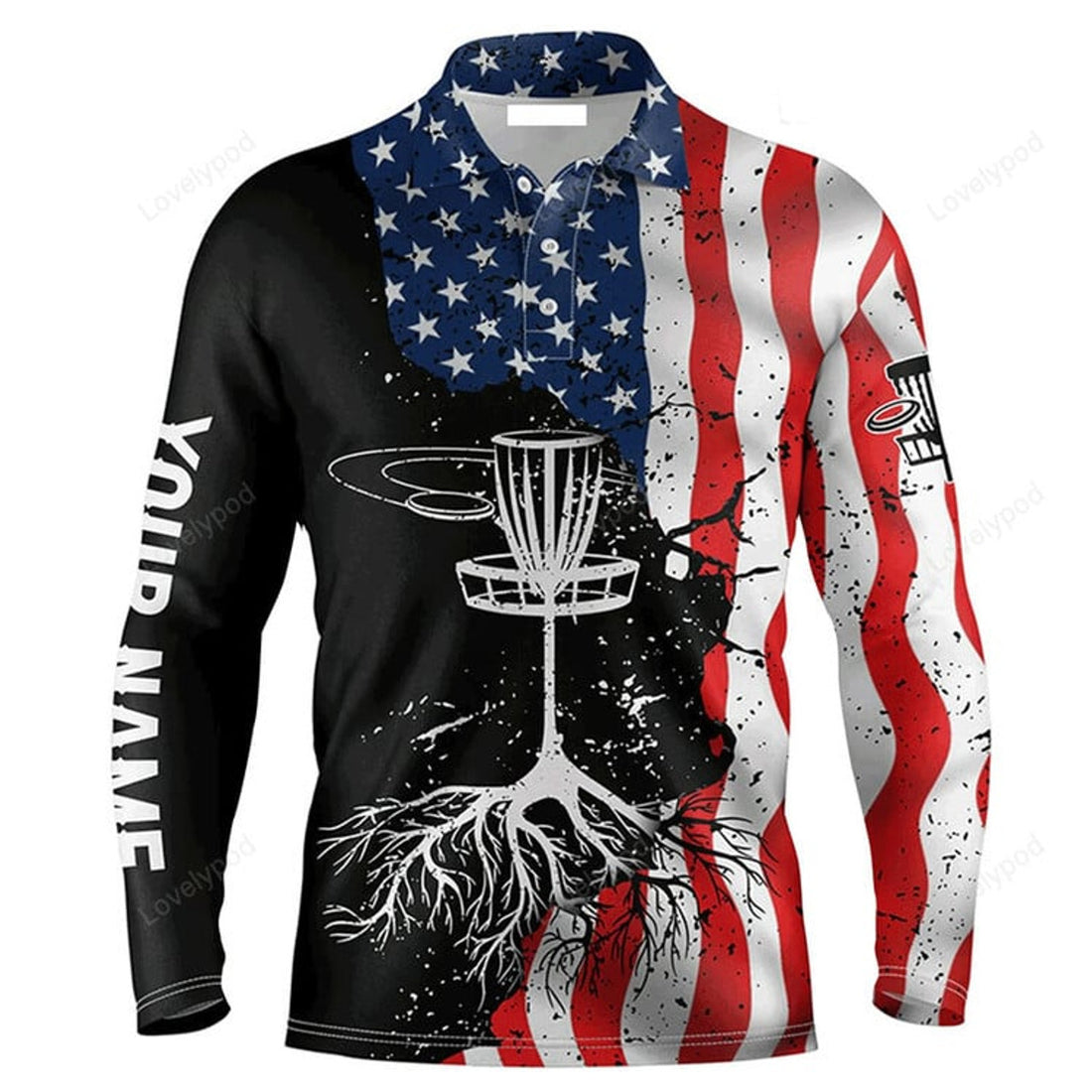 FUNSTUFFPRINT Custom Golf Long Sleeve Men Polo Shirt Custom Name Vintage American Flag Apparel