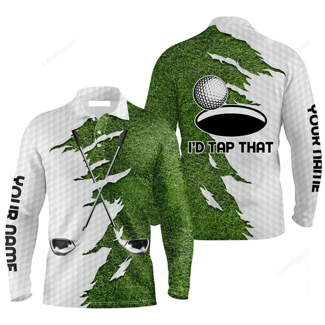 FUNSTUFFPRINT Custom Golf Long Sleeve Men Polo Shirt Green Golf Course Custom Name Id Tap That Men Golf Polo Shirt