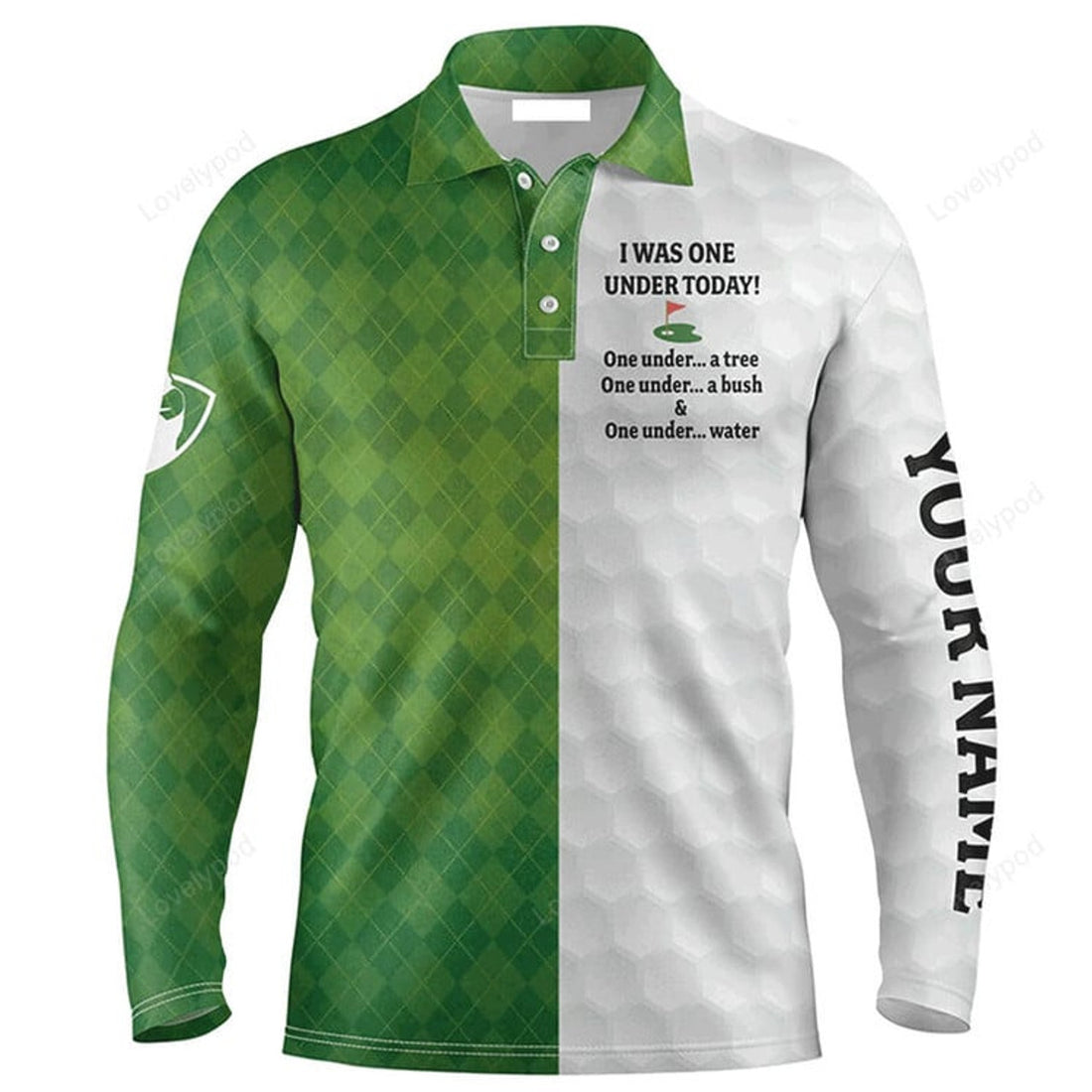 FUNSTUFFPRINT Custom Golf Long Sleeve Men Polo Shirt Custom Name Green White Argyle Pattern Apparel I Was One Under Today