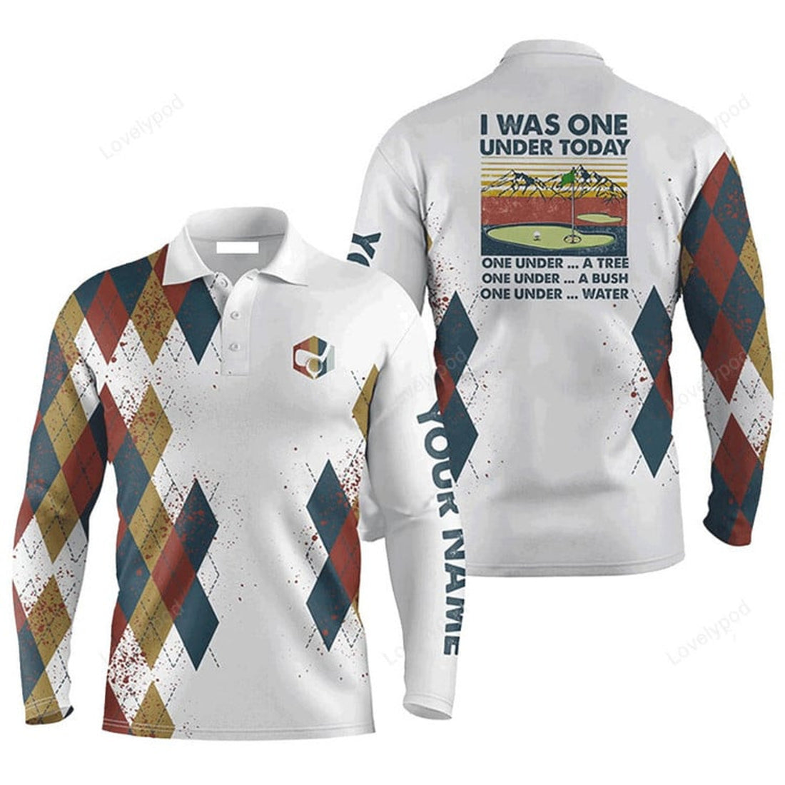 FUNSTUFFPRINT Custom Golf Long Sleeve Men Polo Shirt I Was One Under Today One Under A Tree Bush And Water Golf Men Polo Shirt