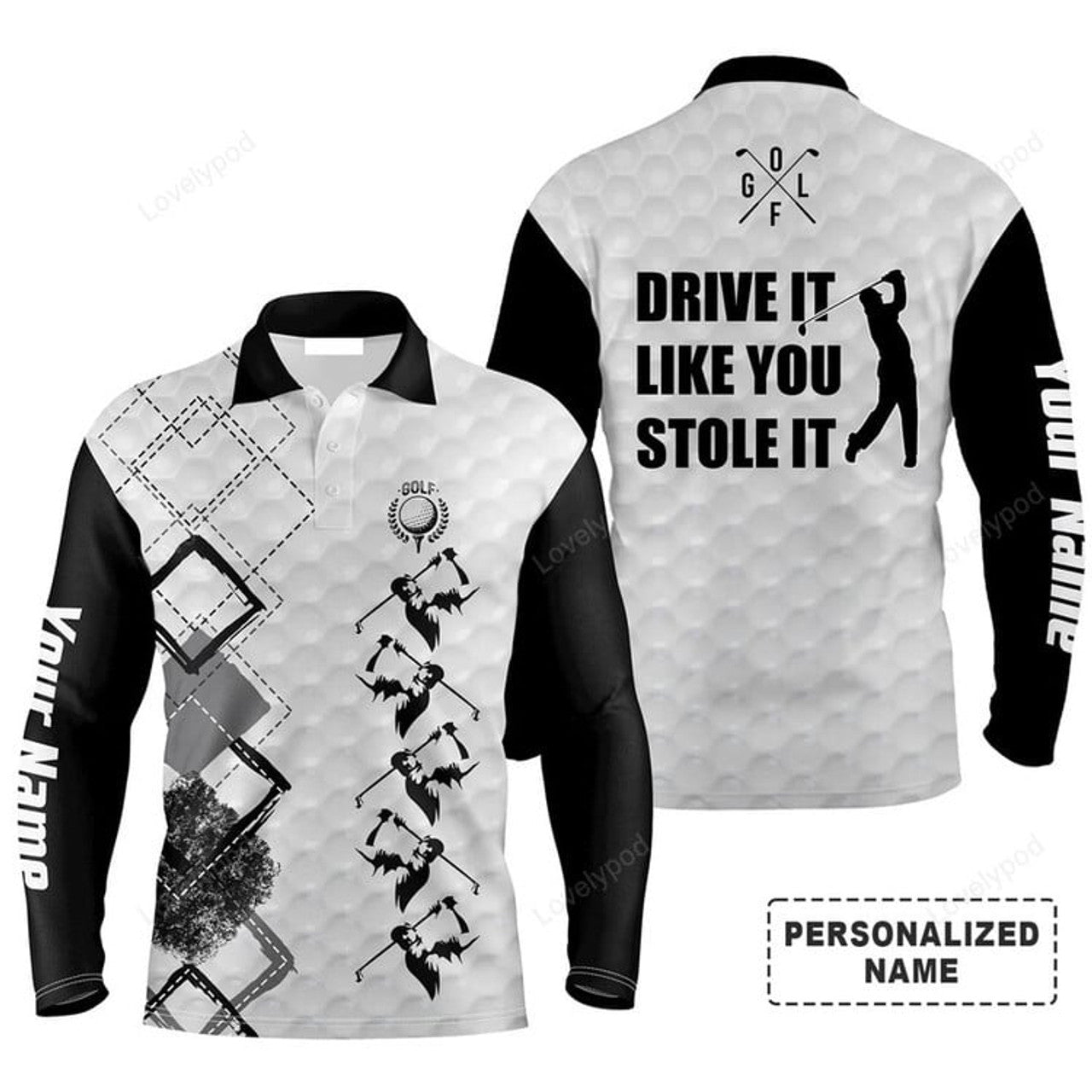 FUNSTUFFPRINT Custom Golf Long Sleeve Men Polo Shirt Custom Name Black And White Apparel Drive It Like You Stole It
