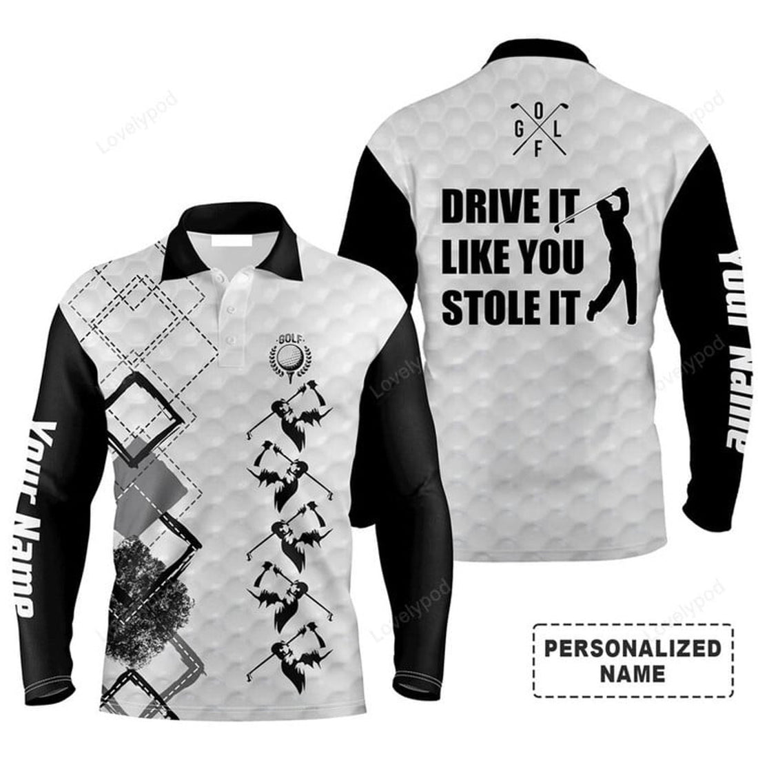 FUNSTUFFPRINT Custom Golf Long Sleeve Men Polo Shirt Custom Name Black And White Apparel Drive It Like You Stole It