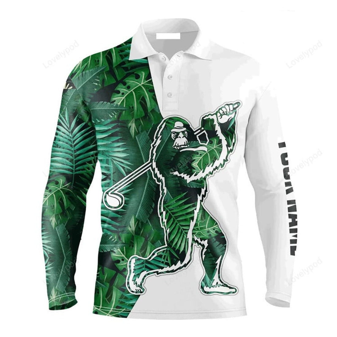 FUNSTUFFPRINT Custom Golf Long Sleeve Men Polo Shirt Bigfoot Tropical Green Leaves Pattern Sasquatch Playing Golf Polo Shirt For Men