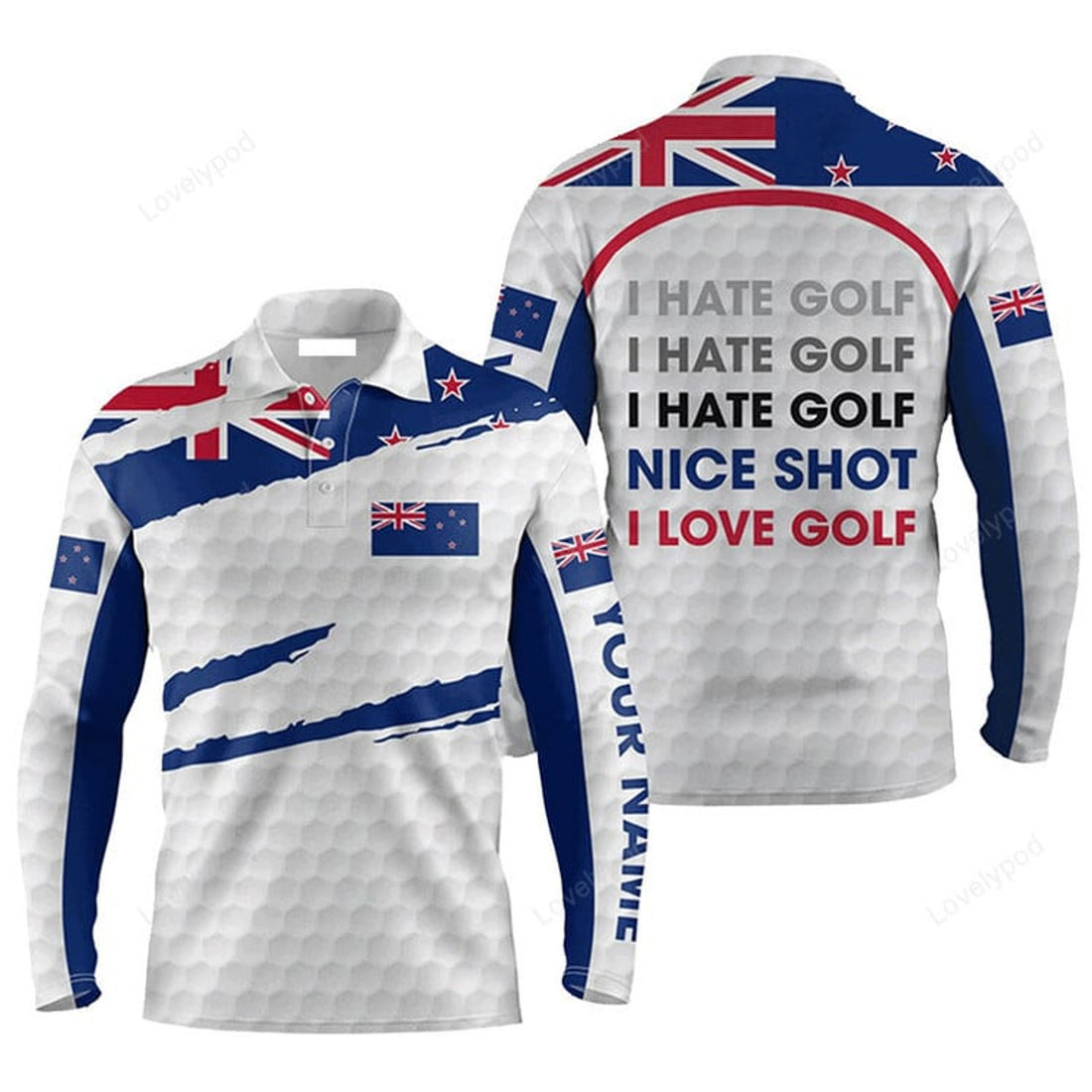 FUNSTUFFPRINT Custom Golf Long Sleeve Men Polo Shirt Zealand Flag New I Hate Golf Nice Shot I Love Golf Men Golf Polo Shirt