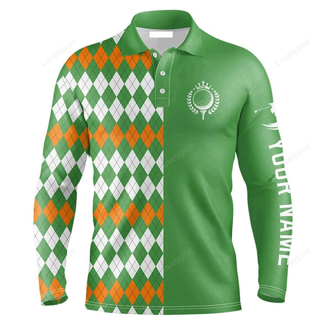 FUNSTUFFPRINT Custom Golf Long Sleeve Men Polo Shirt St Patricks Day Green Argyle Plaid Pattern Custom Name Apparel Men Polo Shirt