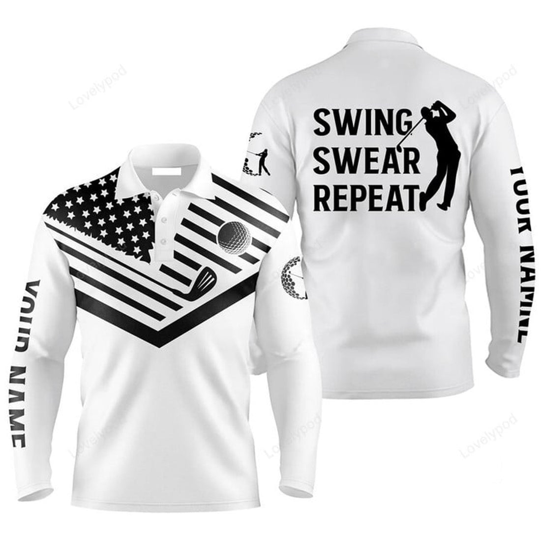 FUNSTUFFPRINT Custom Golf Long Sleeve Men Polo Shirt Custom Name Black American Flag 4Th July Apparel Swing Swear Repeat