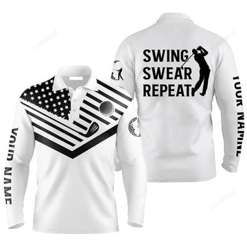 FUNSTUFFPRINT Custom Golf Long Sleeve Men Polo Shirt Custom Name Black American Flag 4Th July Apparel Swing Swear Repeat