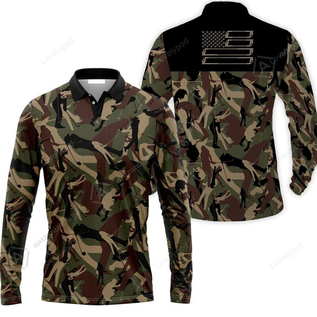 FUNSTUFFPRINT Golf Men Long Polo Shirt Golf Camouflage Pattern Golf Polo Shirt Military Golfing Polo Shirt Camo Golf Shirt