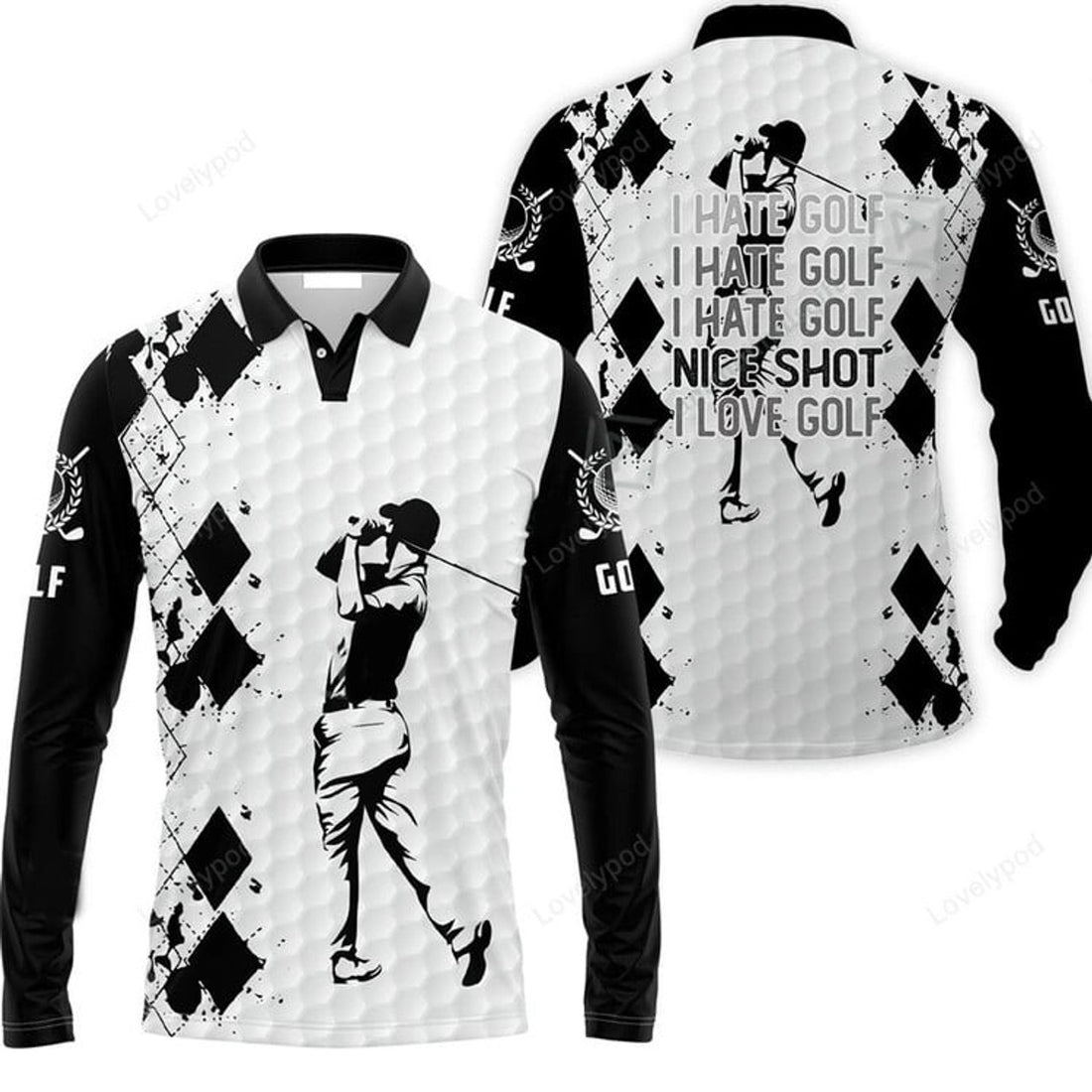 FUNSTUFFPRINT Golf Men Long Polo Shirt I Hate Golf Nice Shot I Love Golf Long Polo Shirt