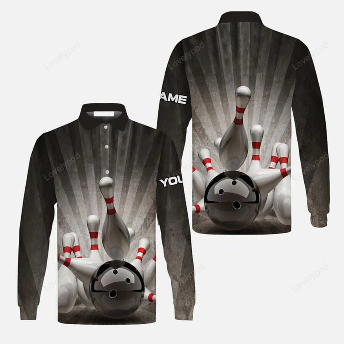 FUNSTUFFPRINT Bowling Long Sleeve Men Polo Shirt Customized Name Colorful Bowling Pattern Polo Shirt