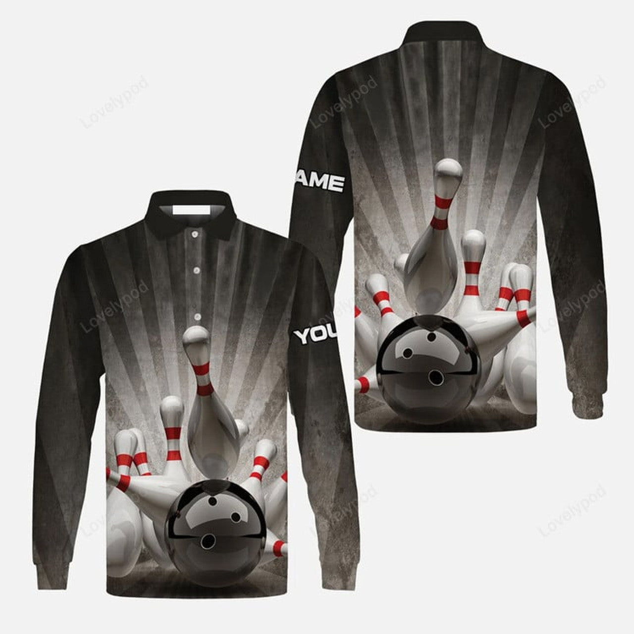 FUNSTUFFPRINT Bowling Long Sleeve Men Polo Shirt Customized Name Colorful Bowling Pattern Polo Shirt