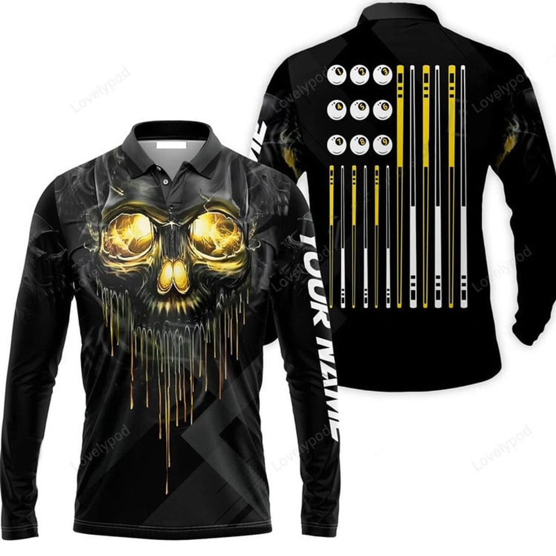 FUNSTUFFPRINT Billiards Pool Player Skull Custom Polo Shirt Skull Billiards Shirt For Billiards Players Personalized Billiards Gift