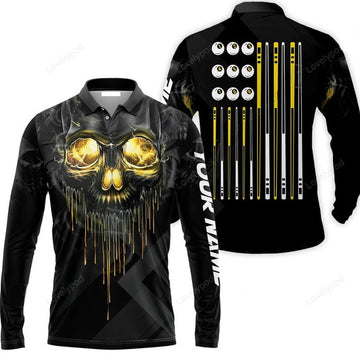 FUNSTUFFPRINT Billiards Pool Player Skull Custom Polo Shirt Skull Billiards Shirt For Billiards Players Personalized Billiards Gift