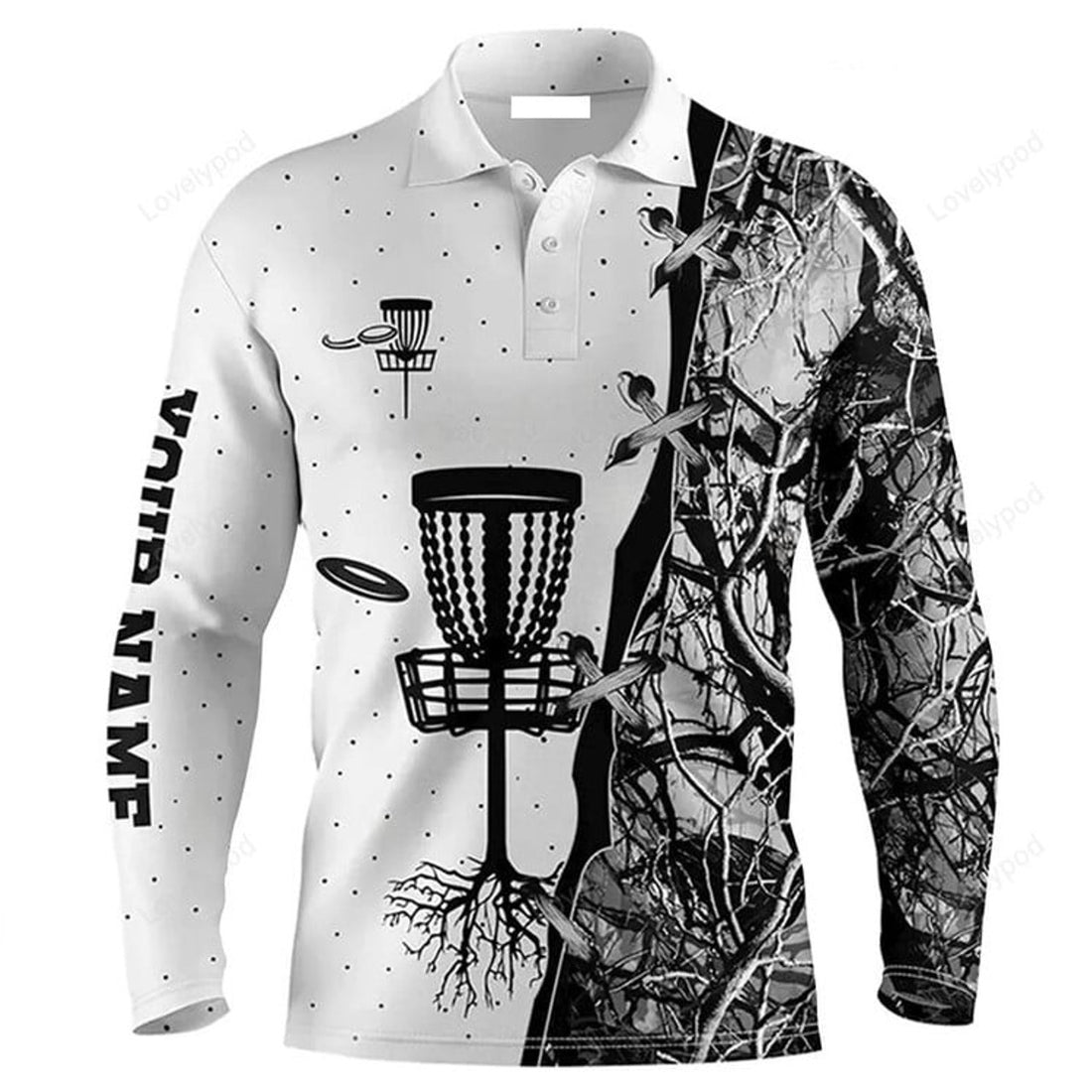 FUNSTUFFPRINT Custom Disc Golf Long Sleeve Men Polo Shirt - Custom Name Blue Black Camo Disc Golf Basket Appare