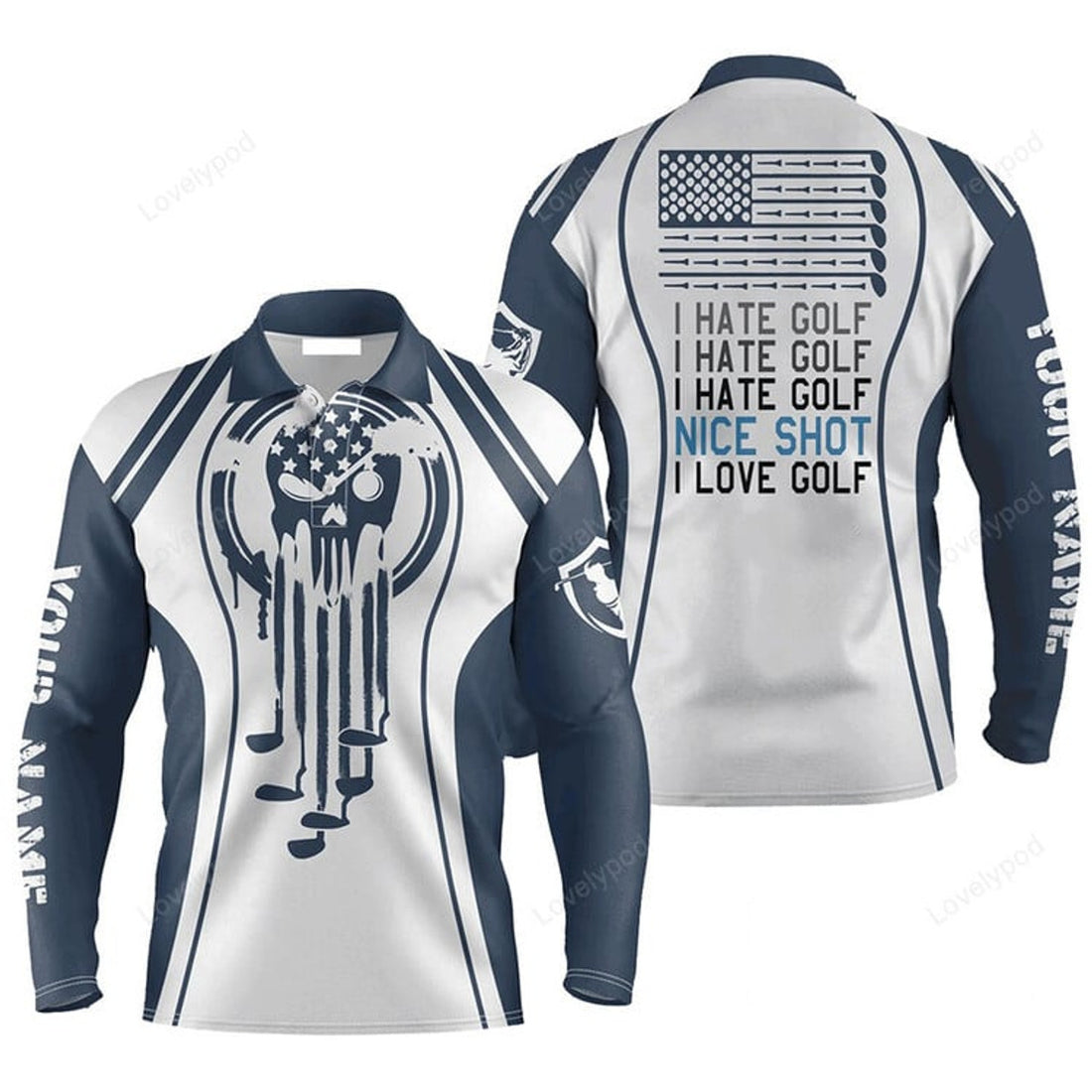 FUNSTUFFPRINT Custom Golf Long Sleeve Men Polo Shirt Custom Name Skull Blue White Apparel I Hate Golf Nice Shot I Love Golf