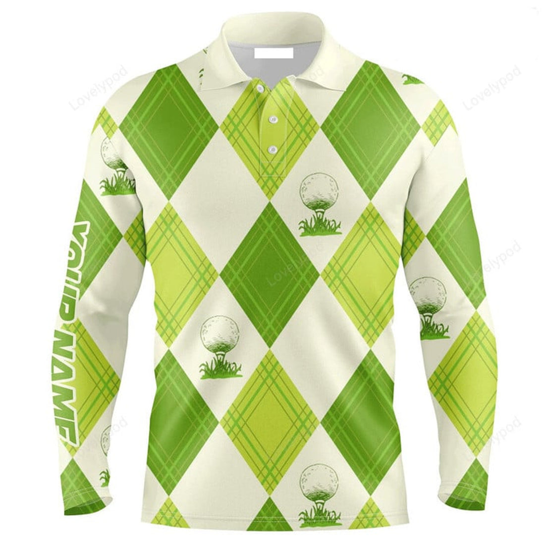 FUNSTUFFPRINT Custom Golf Long Sleeve Men Polo Shirt Custom Name Green Argyle Pattern Apparel