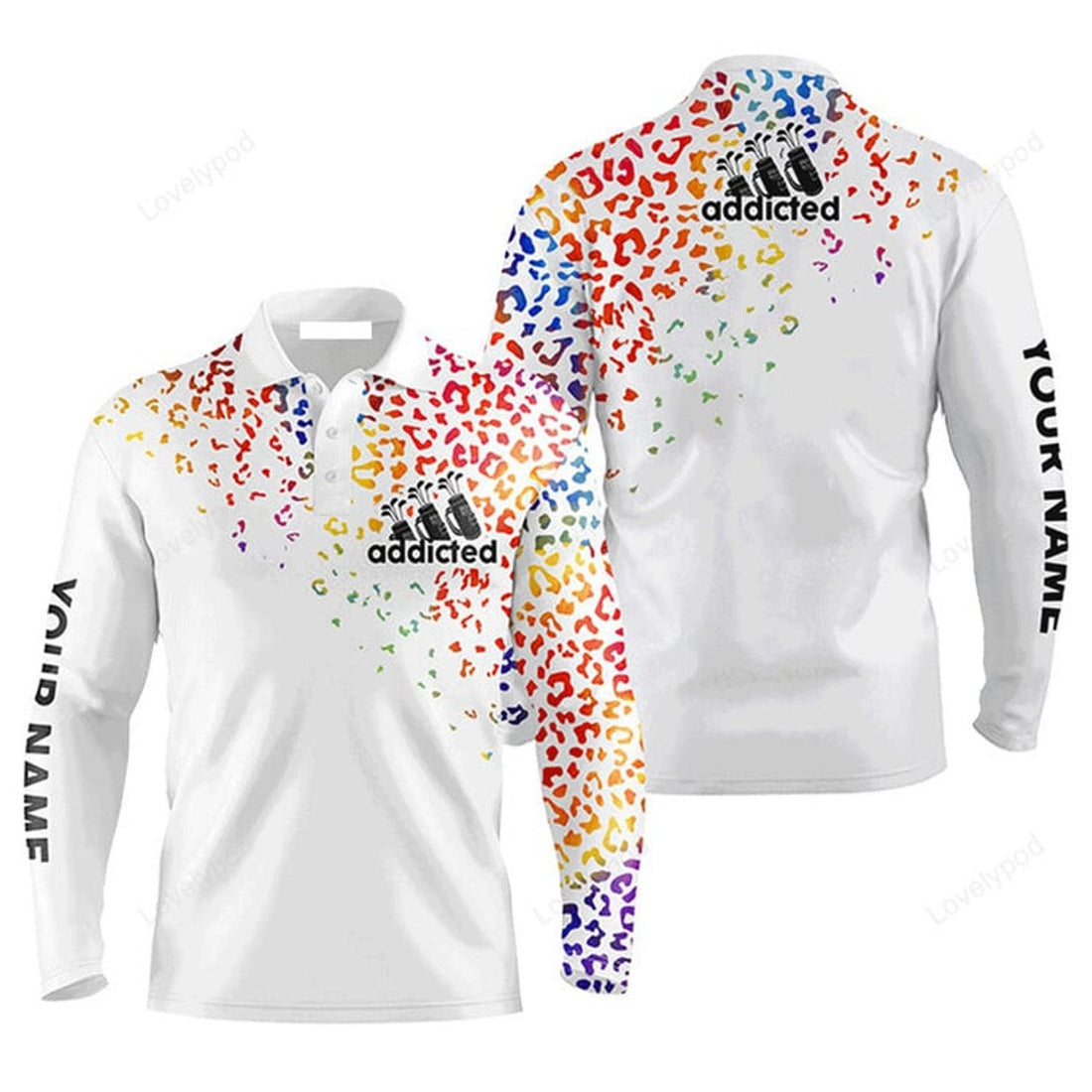 FUNSTUFFPRINT Custom Golf Long Sleeve Men Polo Shirt Watercolor Leopard Addicted Custom Name Apparel