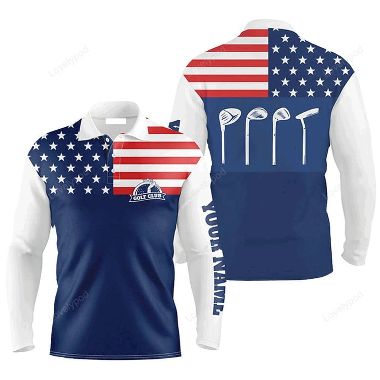 FUNSTUFFPRINT Custom Golf Long Sleeve Men Polo Shirt Custom Name Golf Club American Flag Patriot Blue Apparel For Men