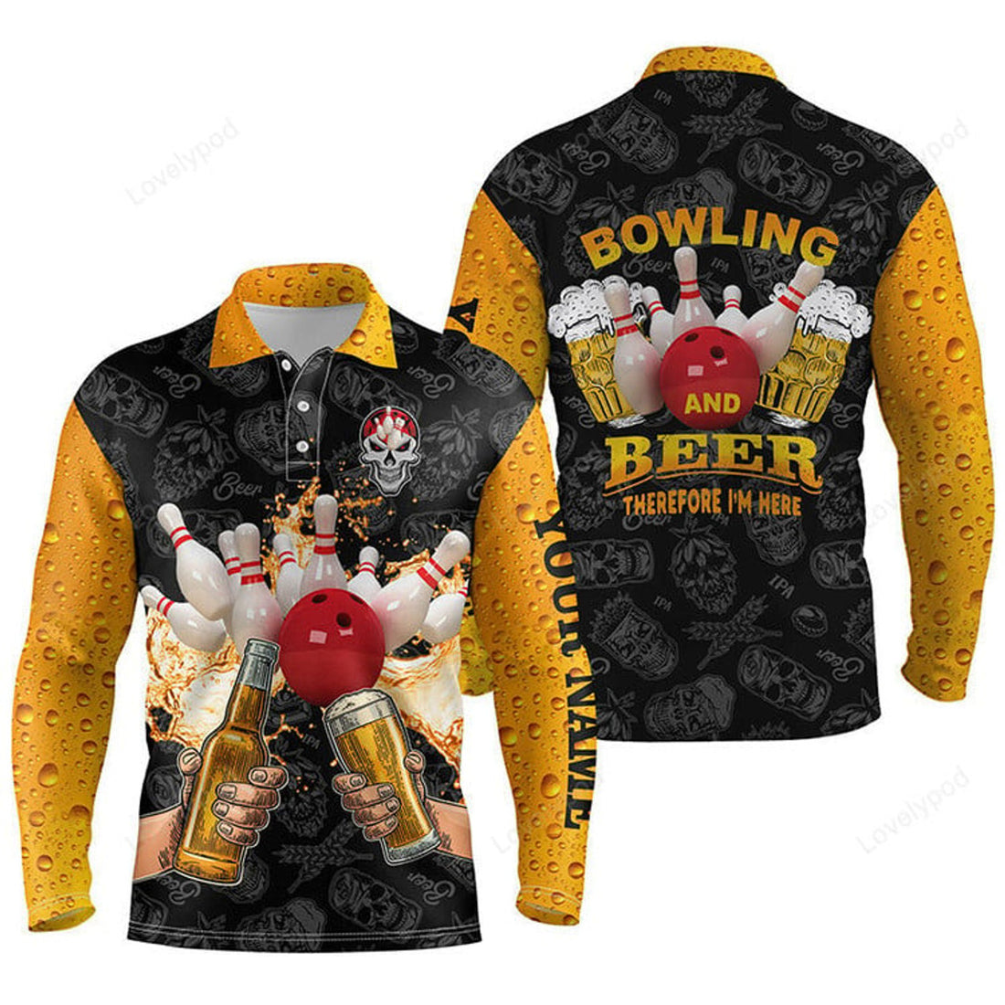 FUNSTUFFPRINT Bowling Custom Men Polo Shirt Custom Name Funny Bowling Beer Skull Personalized Bowling Polo Shirt